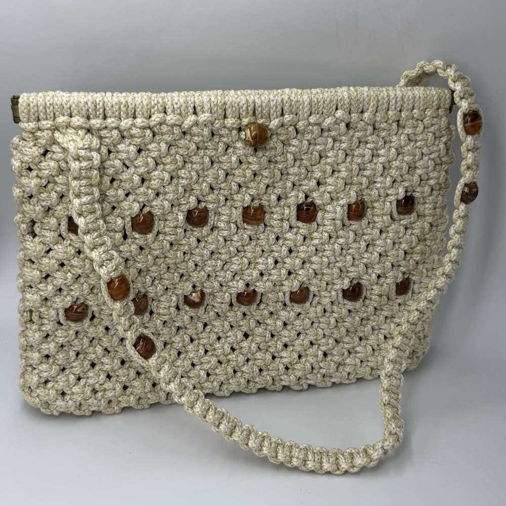 ✨Vintage Cream Boho‎ Macrame Crochet Woven Wood Beaded Shoulder Bag Purse Lined
